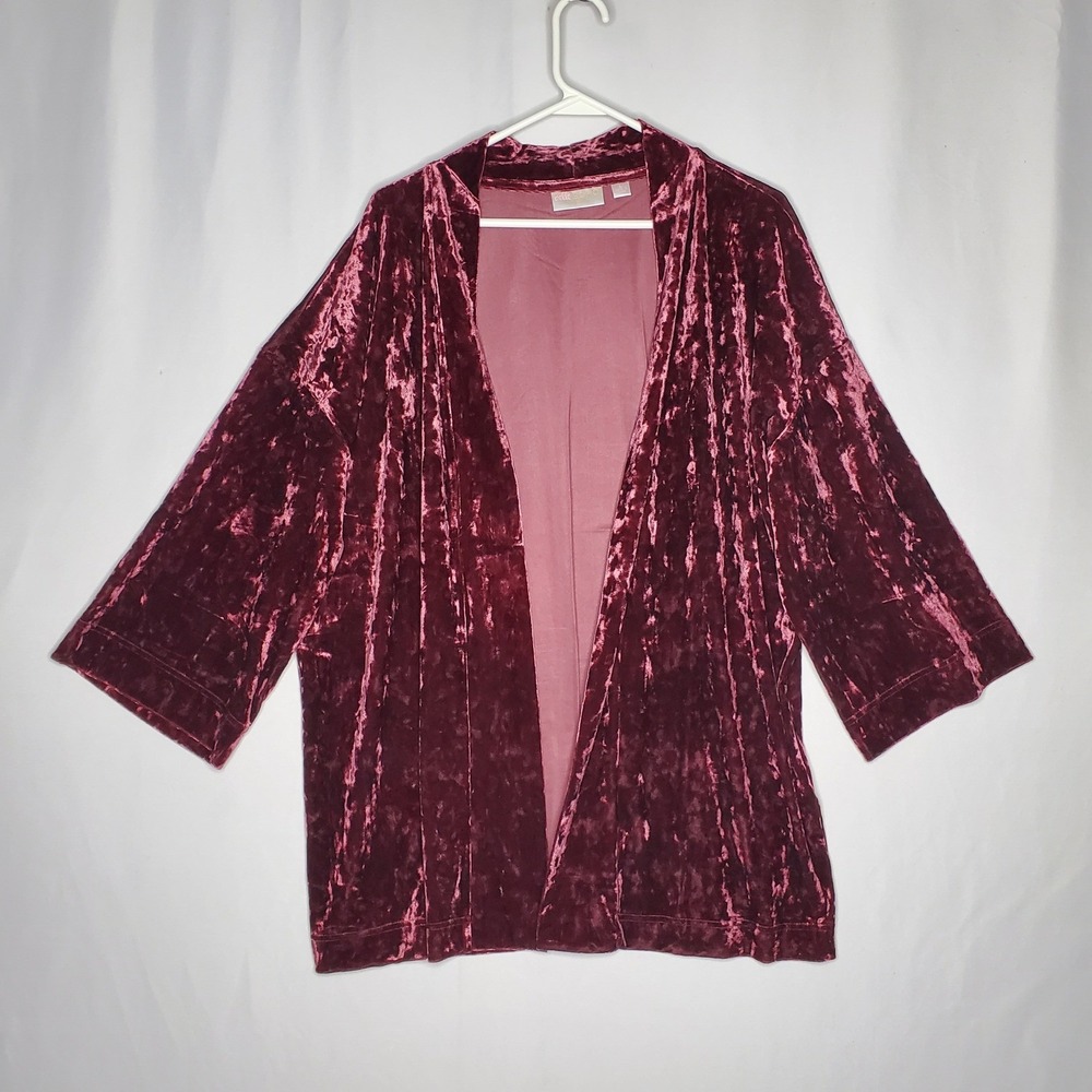 Belle Boho Kim Gravel Crushed Velvet Kimono Jacket LargeBurgundy Open Front L